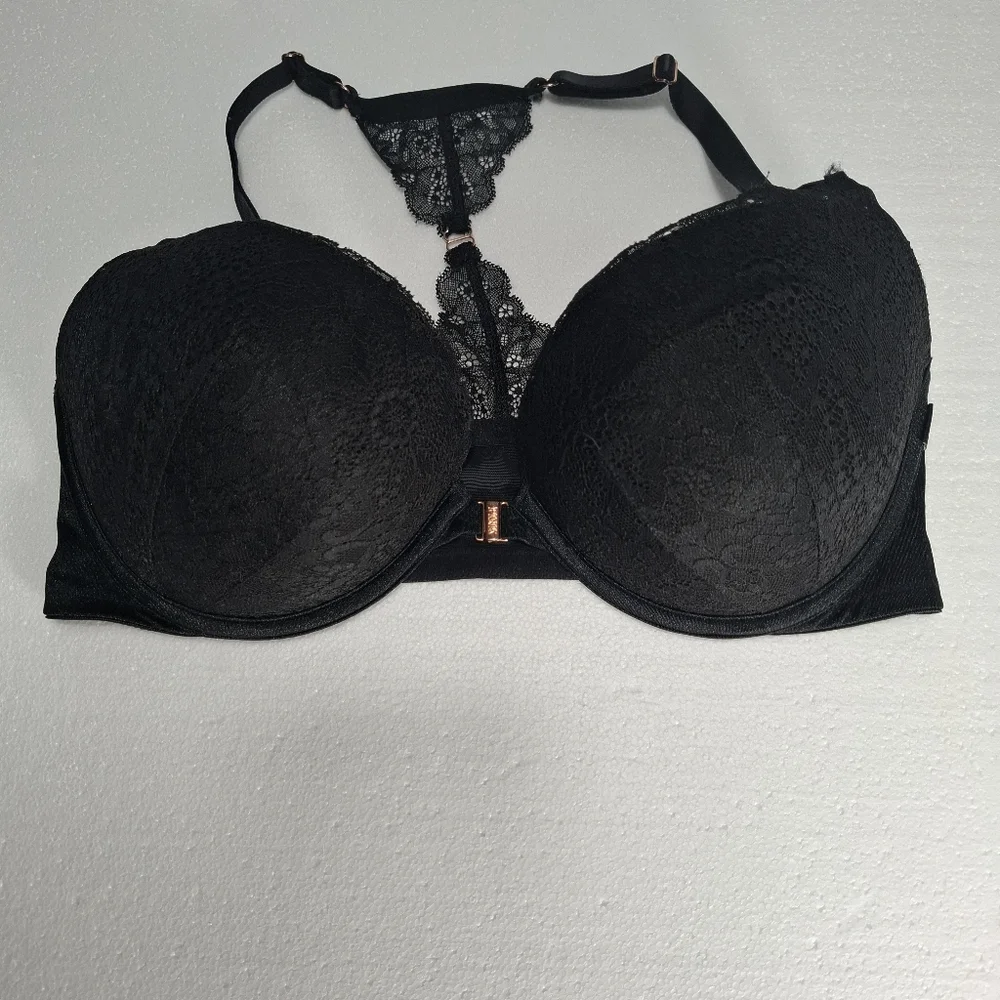 Victoria's Secret PINK Black Lace Racerback Push-Up Bra 36DD Front Clouse